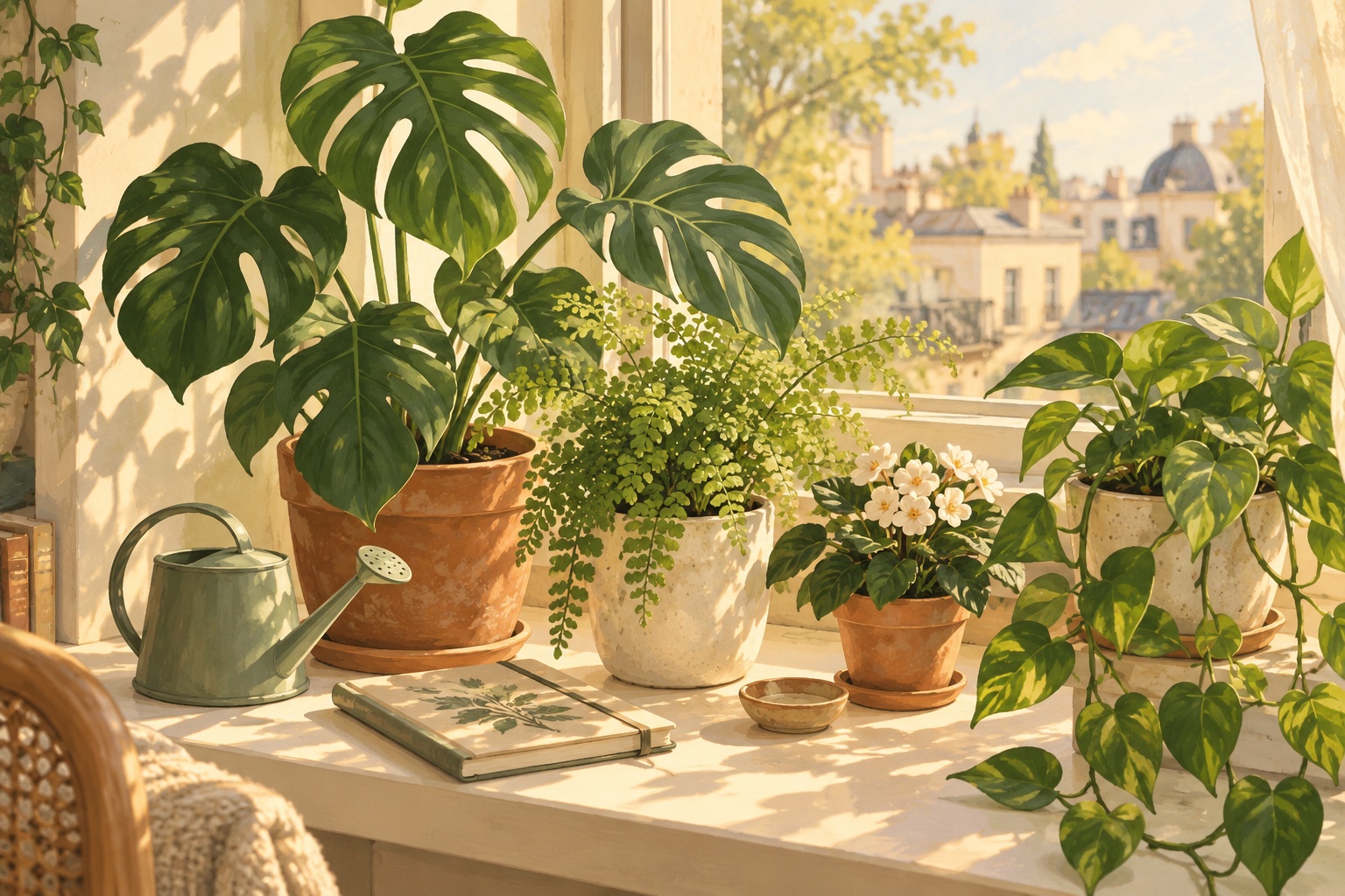Concept artwork of a lush collection of houseplants on a sunlit windowsill