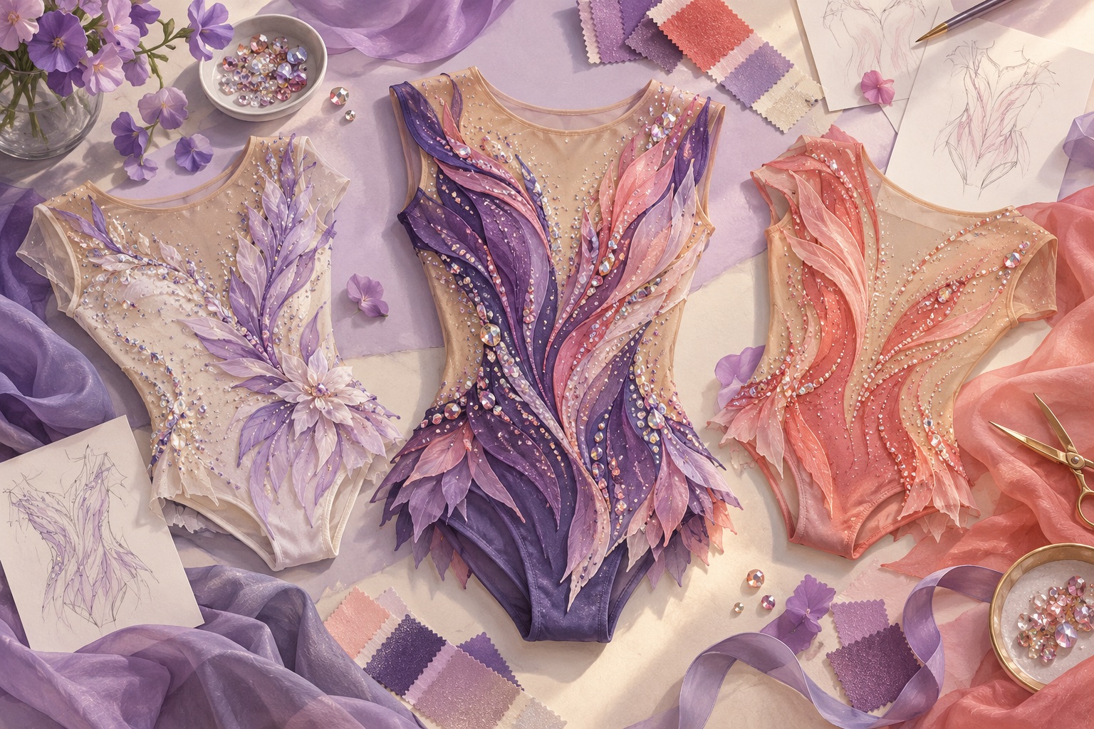 Concept artwork of three embellished rhythmic gymnastics leotard designs and fabric swatches
