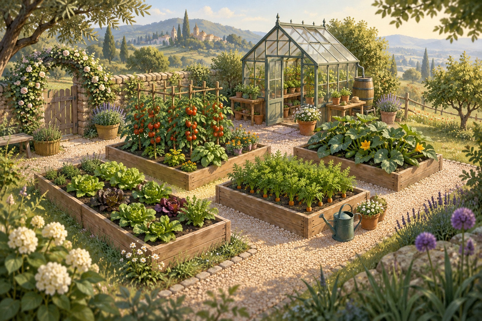 Garden concept artwork inspired by Verdomatic, with vegetable beds and a greenhouse